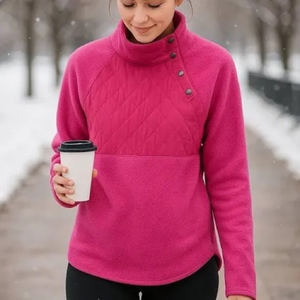 J. Crew Quilted Button Neck Women Fleece Long Sleeved Pullover Pink Cozy Prep